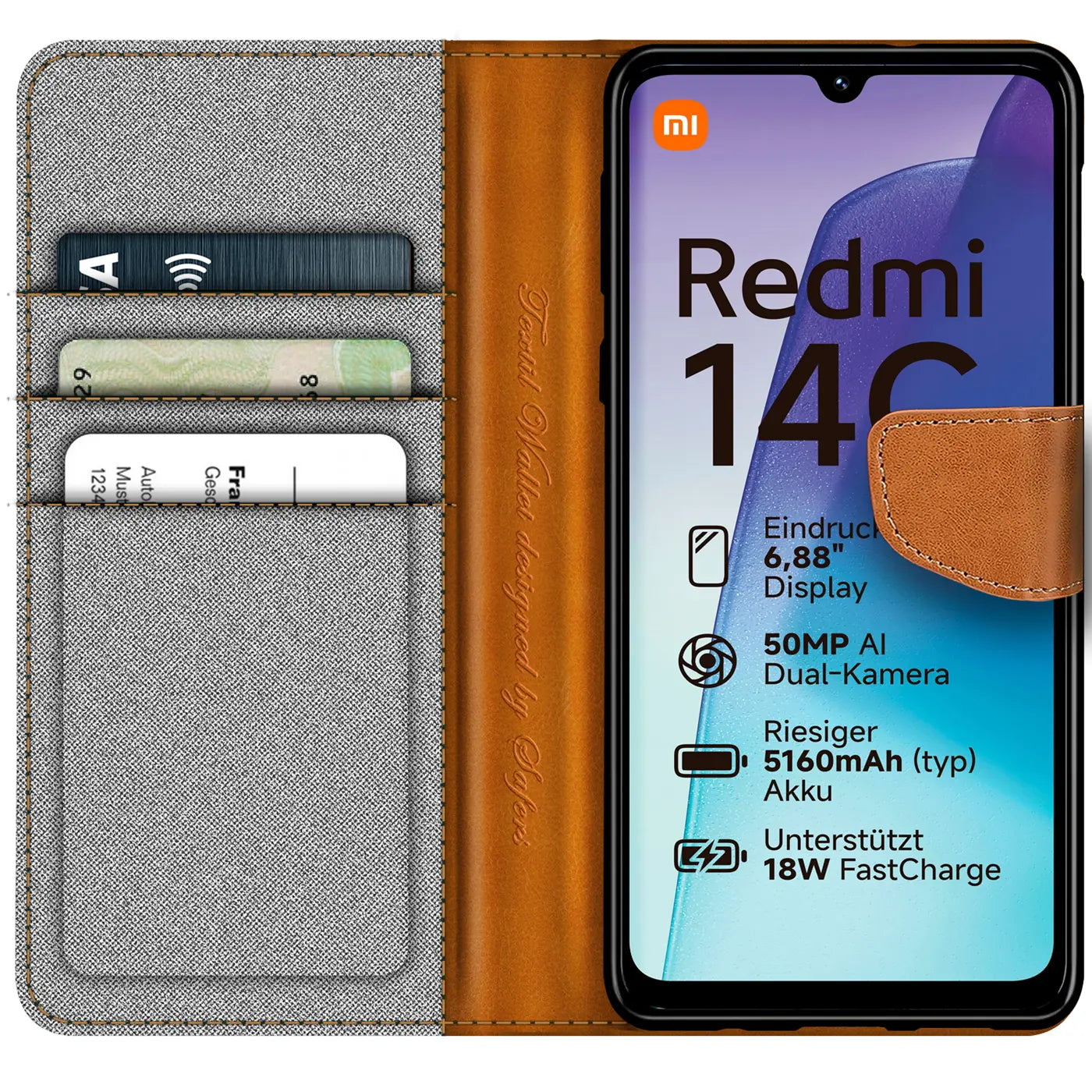 Graue Textil-Klapphülle mit braunen Lederdetails, Kartenfächer, zeigt Xiaomi Redmi 14C.