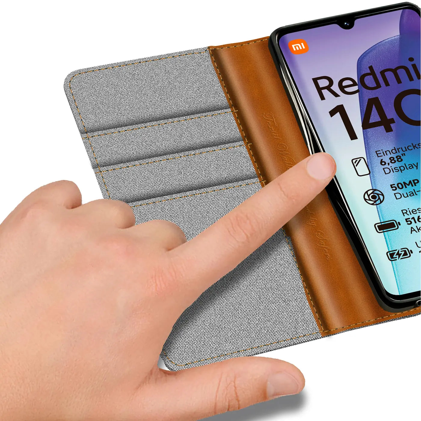 Graue Textil-Klapphülle mit braunen Lederakzenten, zeigt Xiaomi Redmi 14C.