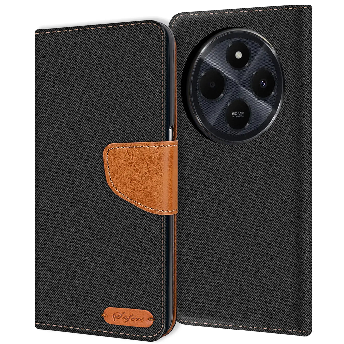 Schwarze Textil-Klapphülle mit braunem Lederriemen, zeigt Rückseite eines Smartphones mit runder Kamera.