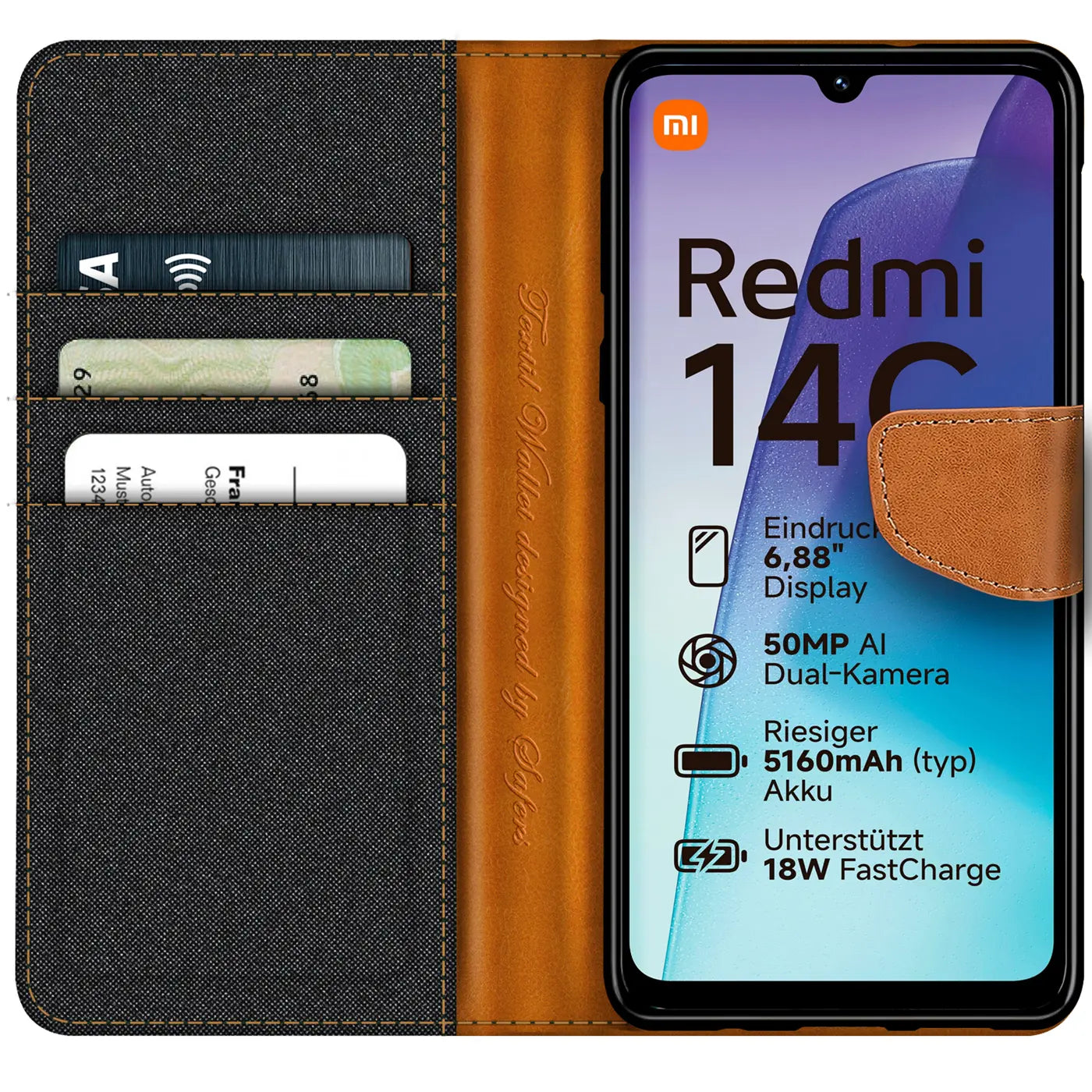 Textil-Klapphülle mit Kartenfach, braun/grau, für Xiaomi Redmi 14C.
