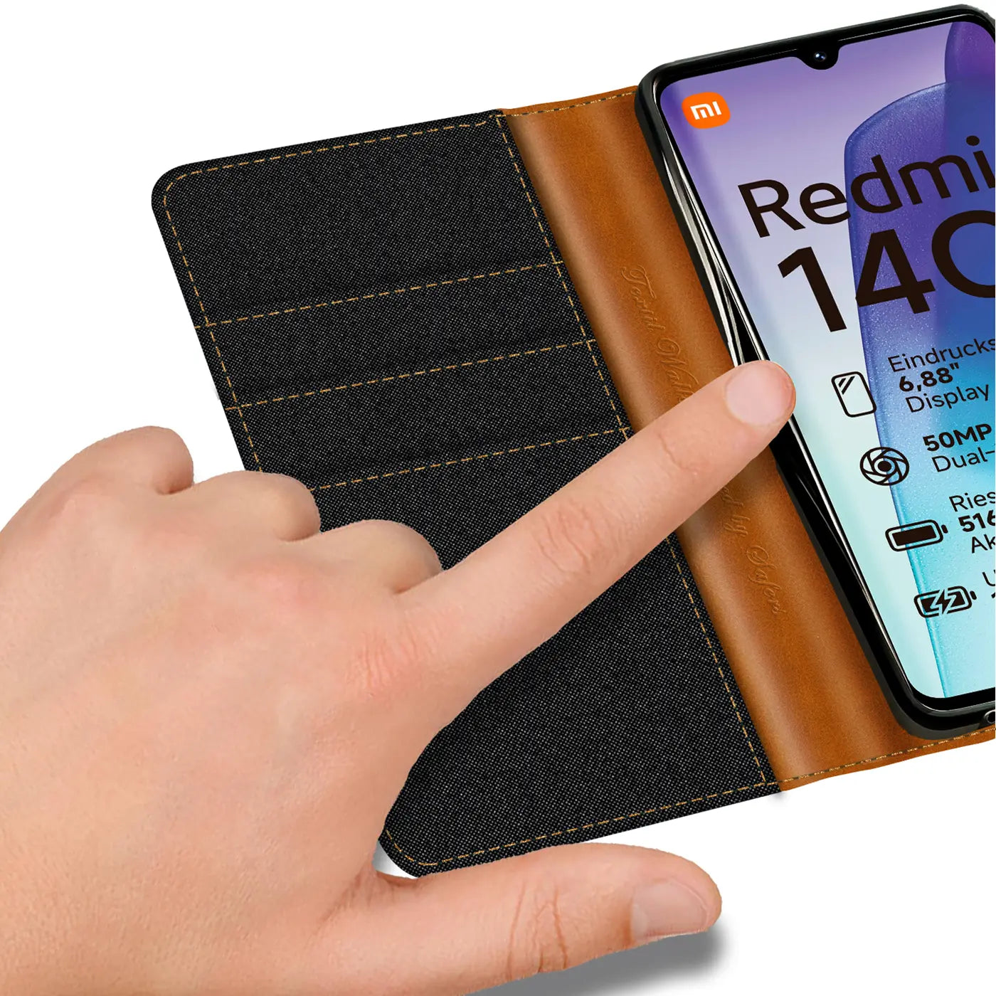 Textil-Klapphülle, braun/schwarz, mit Xiaomi Redmi 14C, von vorne