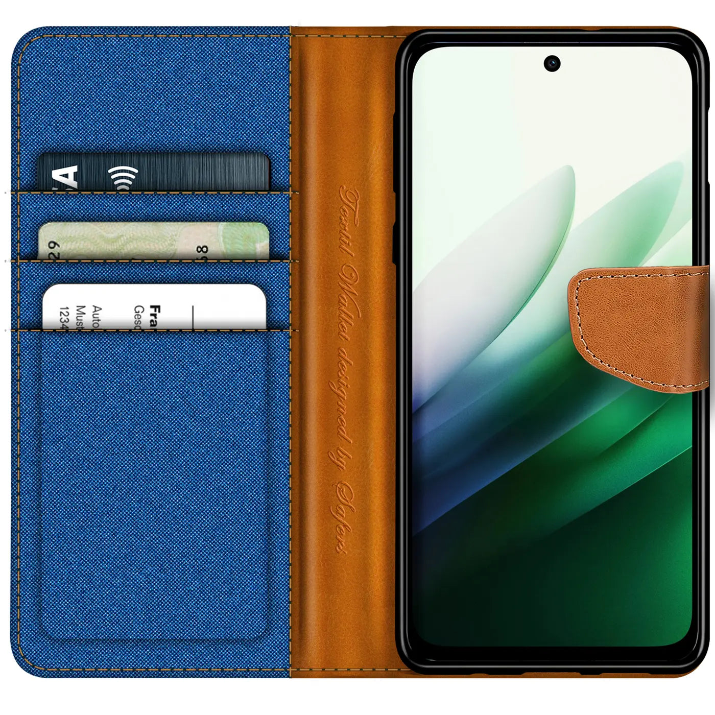 Blaue Textil-Klapphülle mit braunen Lederdetails, Kartenfächern und Xiaomi-Smartphone.