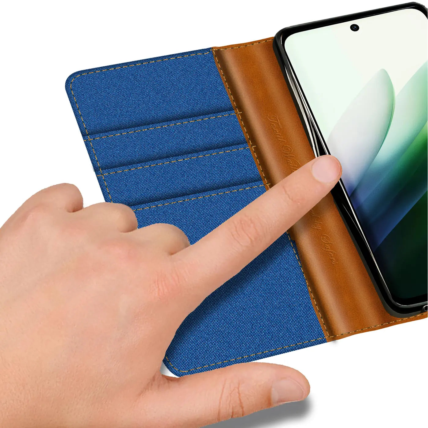 Blaue Textil-Klapphülle mit braunen Lederdetails und Kartenfächern, zeigt Xiaomi Redmi 15.