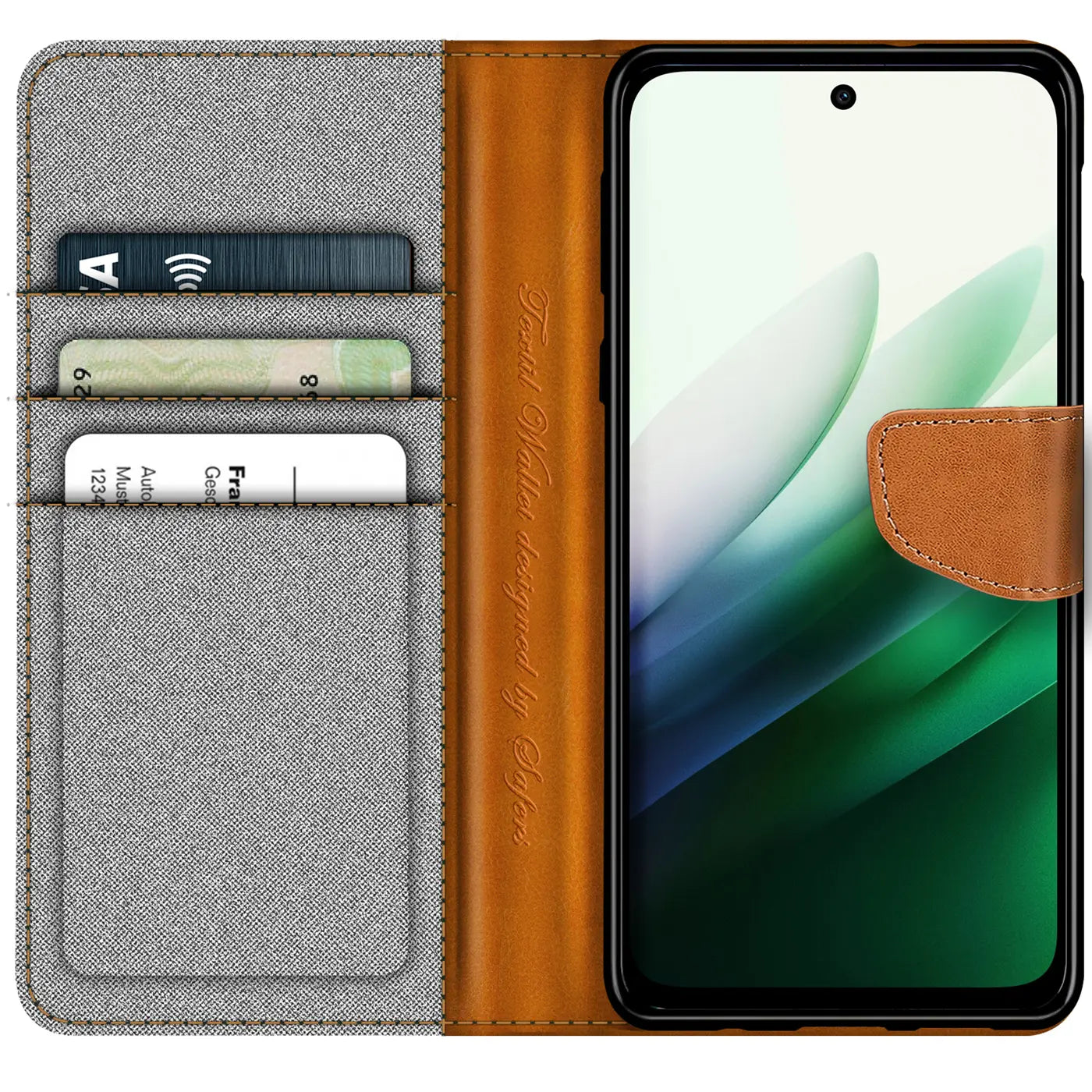 Graue Textil-Klapphülle mit braunen Lederdetails, Kartenfächer, Xiaomi-Smartphone.