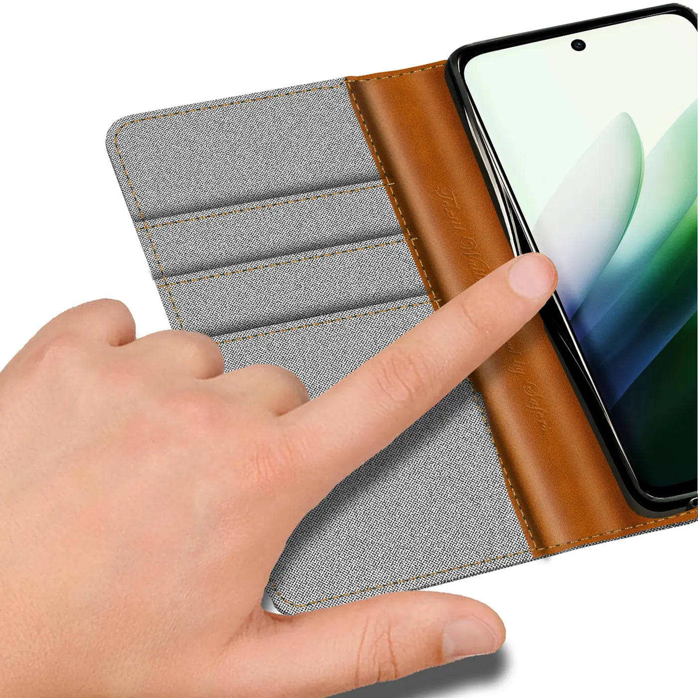 Graue Textil-Klapphülle mit braunem Lederdetail, zeigt Smartphone mit Kartenfach.