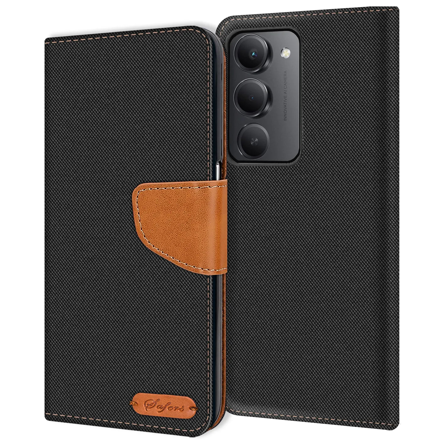 Schwarze Textil-Klapphülle mit braunem Lederdetail, vorne, zeigt Smartphone-Kamera.