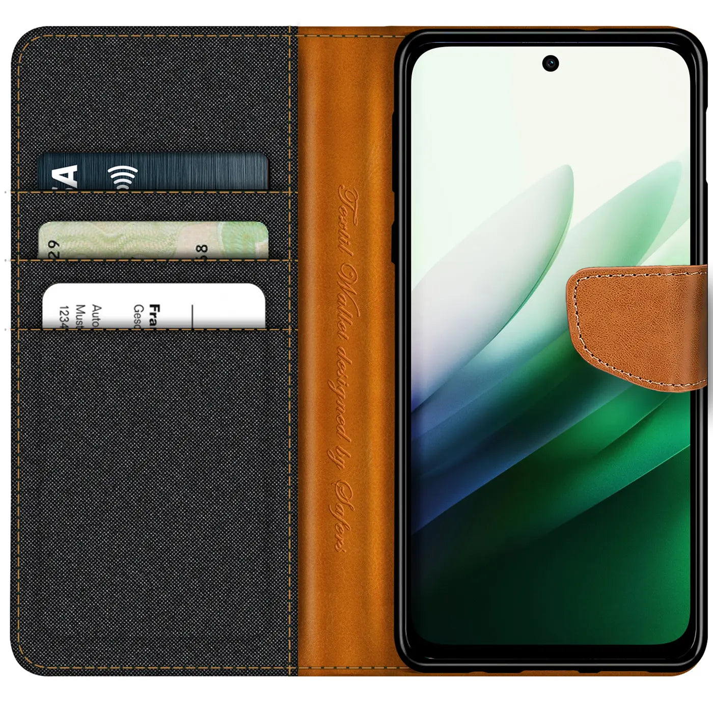 Textil-Klapphülle in Schwarz mit braunem Leder-Kartenfach, zeigt Xiaomi Redmi 15.
