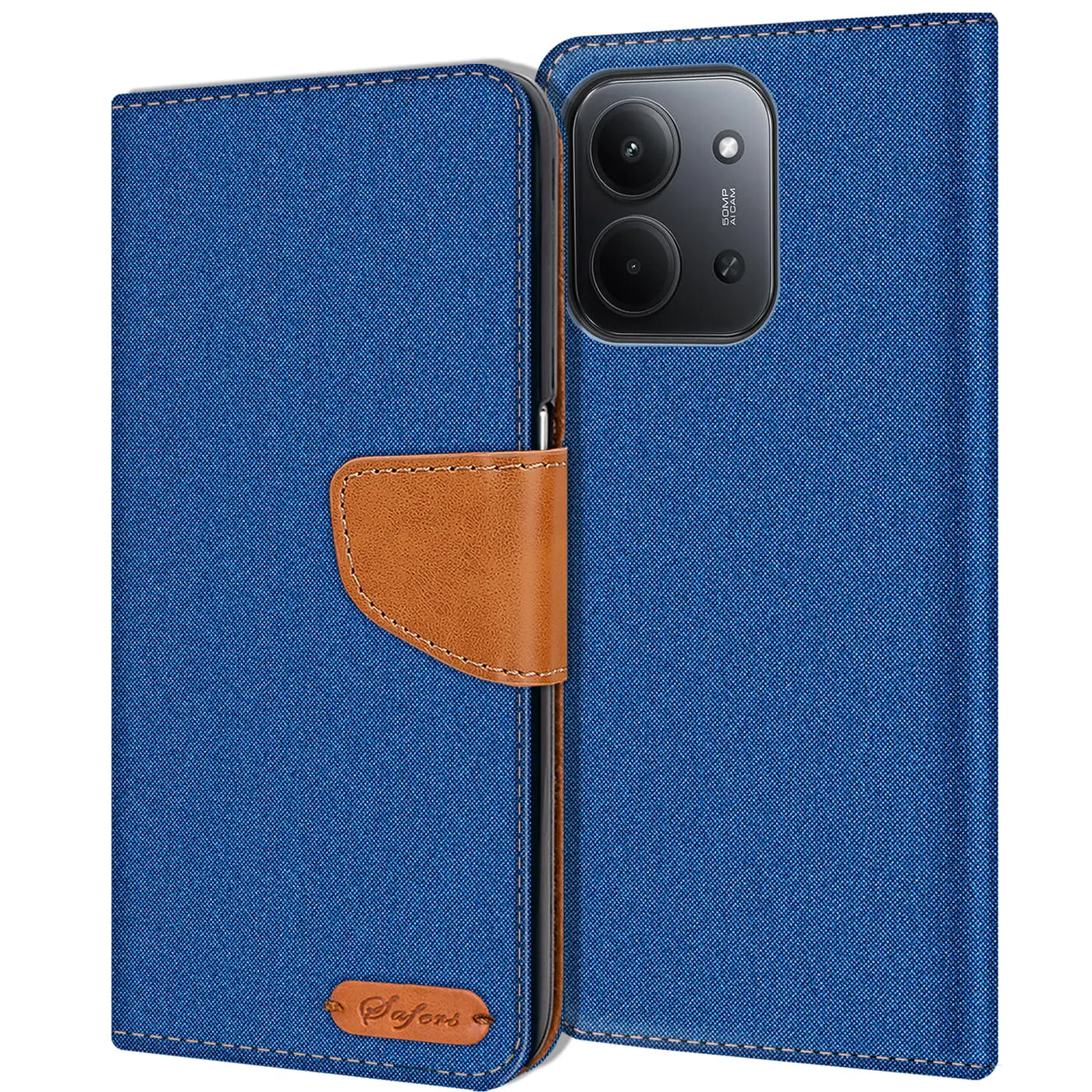 Blaue Textil-Klapphülle mit braunem Lederriemen, offen, zeigt Rückseite eines Xiaomi Redmi 15C.