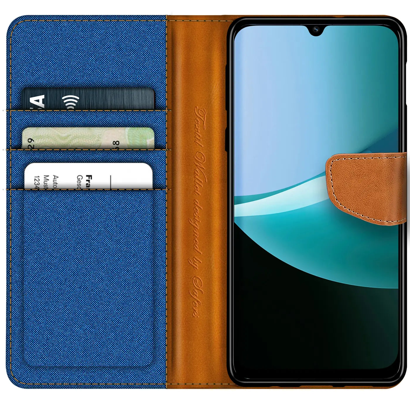 Blaue Textil-Klapphülle mit braunen Lederdetails, geöffnet, zeigt Kartenfächer und ein Xiaomi Redmi 15C.