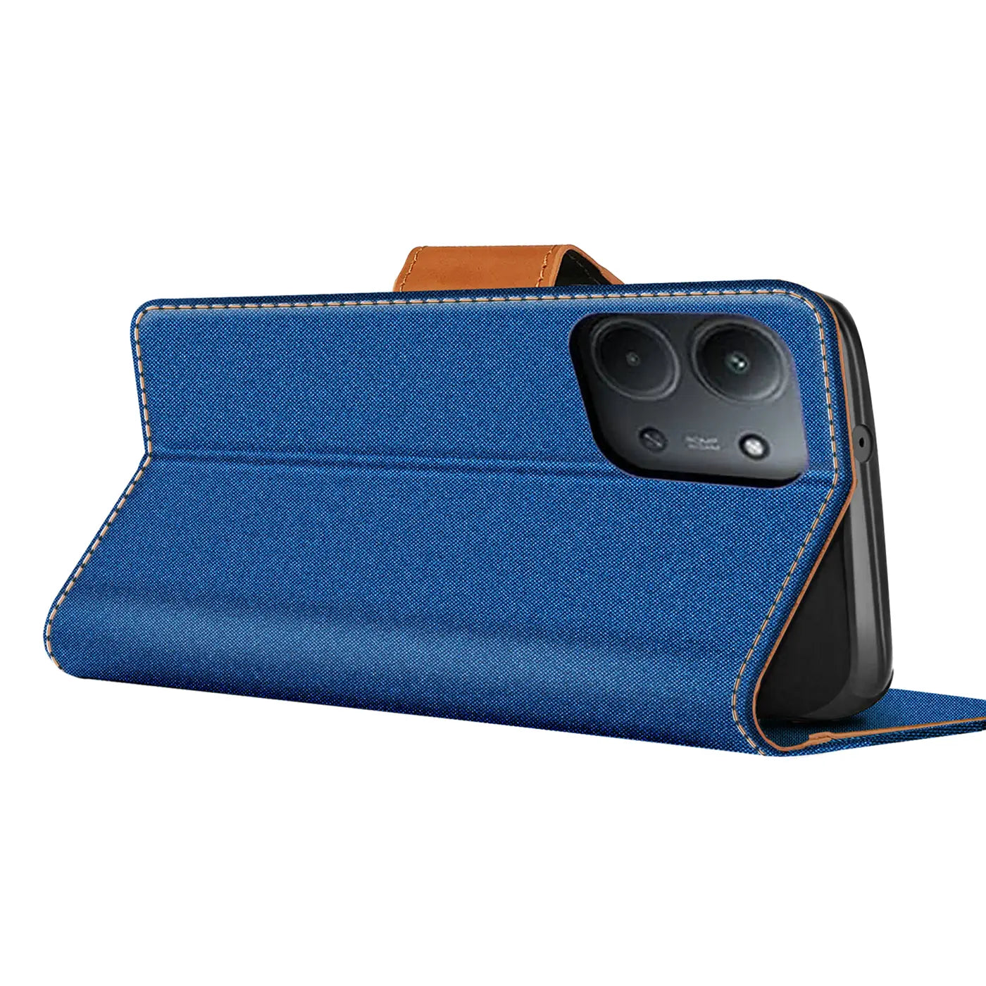 Blaue Textil-Klapphülle mit braunem Lederriemen, Seitenansicht, zeigt Kamera des Xiaomi Redmi 15C.