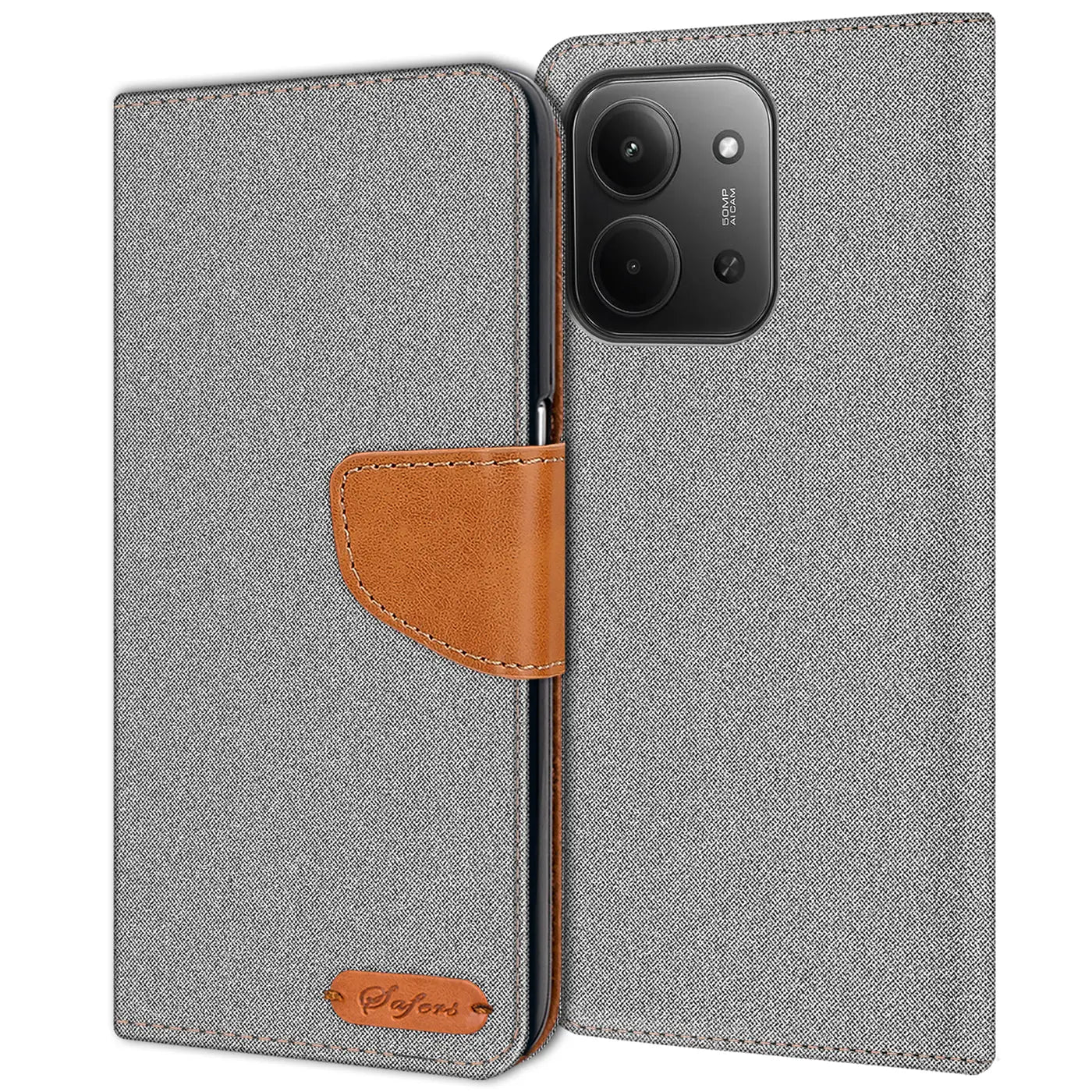 Graue Textil-Klapphülle mit braunem Lederakzent und Kartenfach, Vorderansicht, Xiaomi 12 Lite.