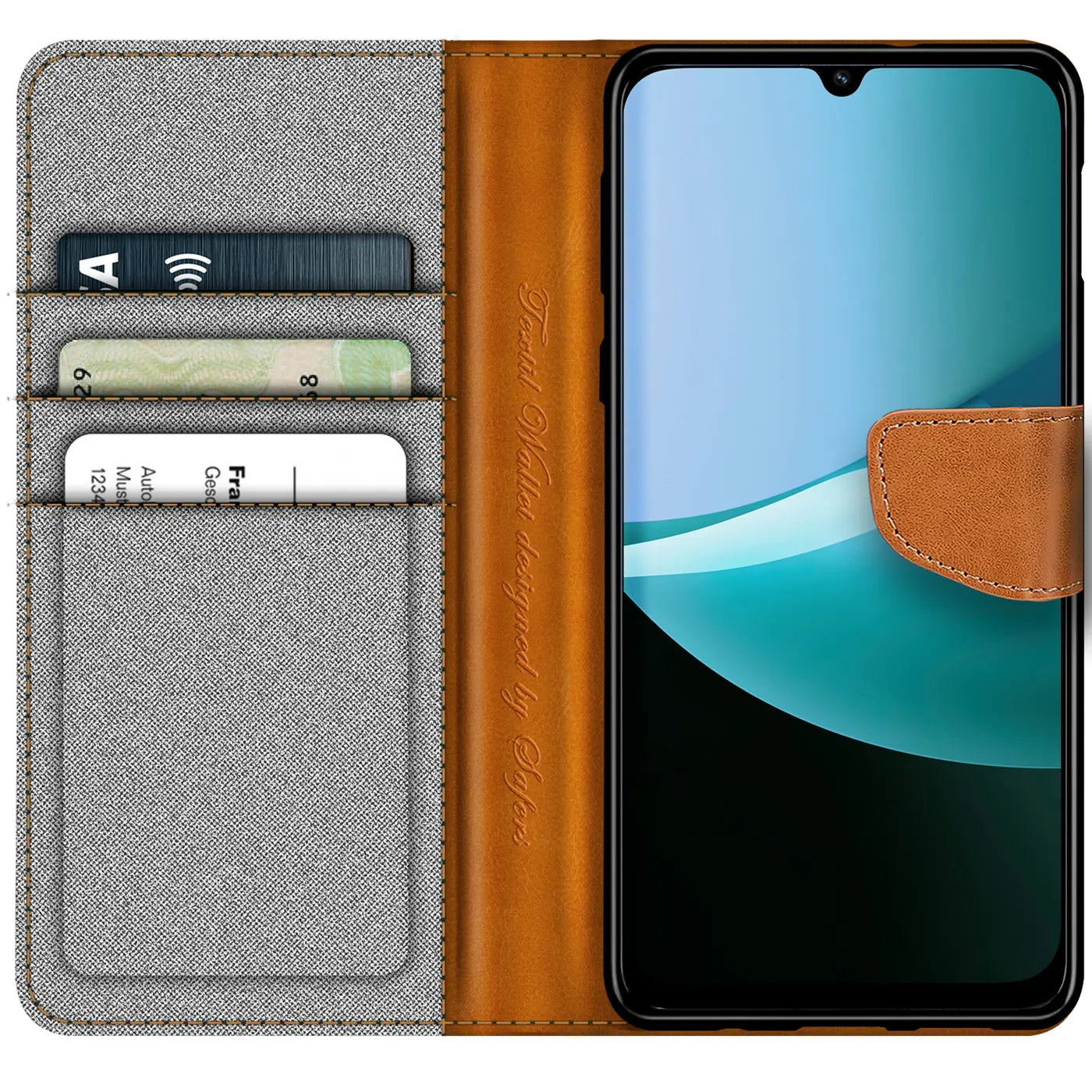 Graue Textil-Klapphülle mit braunen Lederakzenten, Kartenfächern und Xiaomi Redmi 15C.
