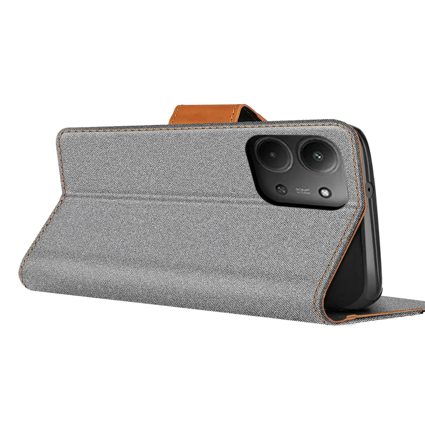 Graue Textil-Klapphülle mit braunem Lederriemen, seitliche Ansicht, zeigt Xiaomi Redmi 15C.