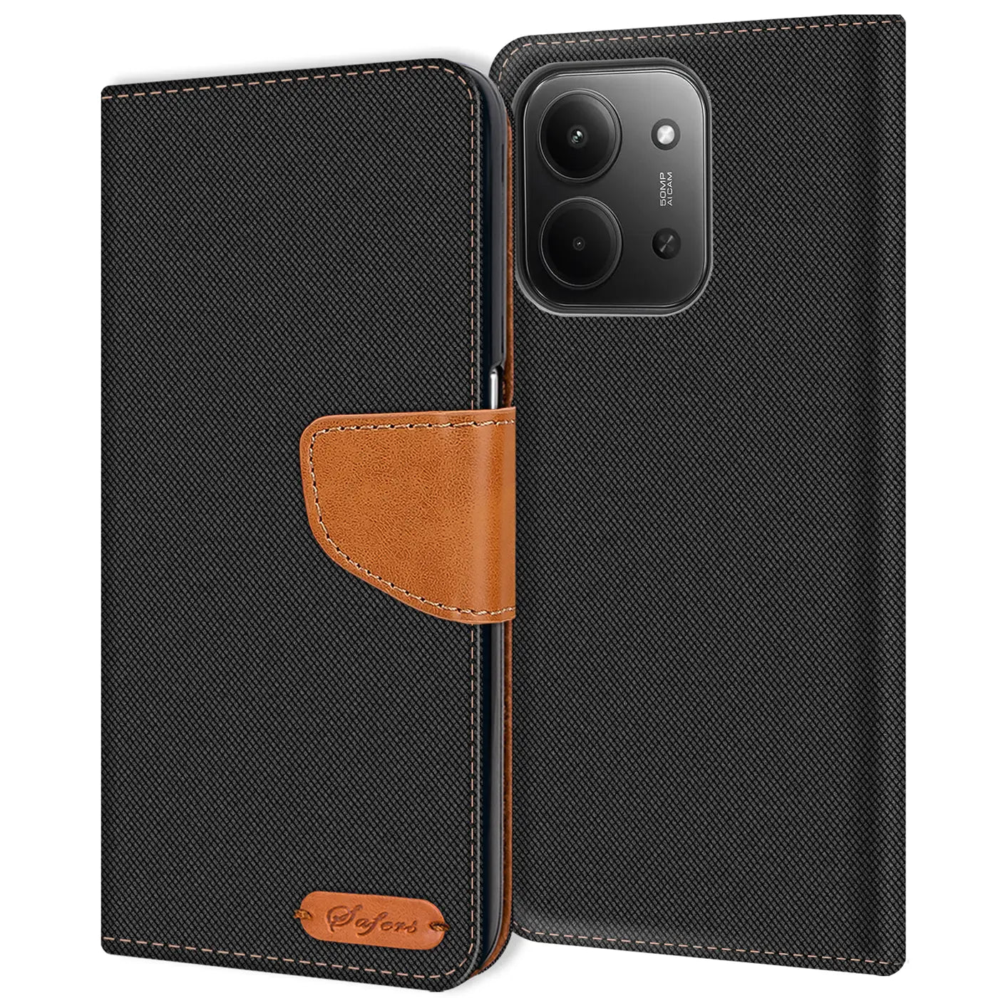 Schwarze Textil-Klapphülle mit braunem Lederdetail und Kartenfach, Vorderansicht, zeigt Handy-Rückseite.