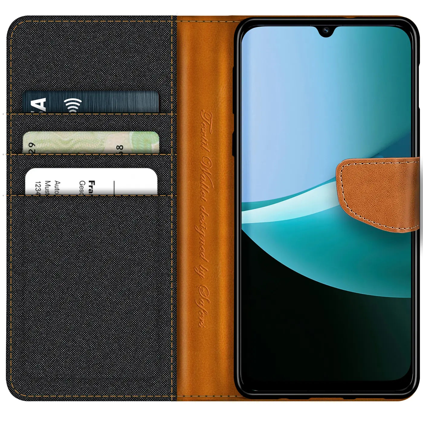 Textil-Klapphülle mit Kartenfach, braunes Leder, für Xiaomi Redmi 15C, von vorne