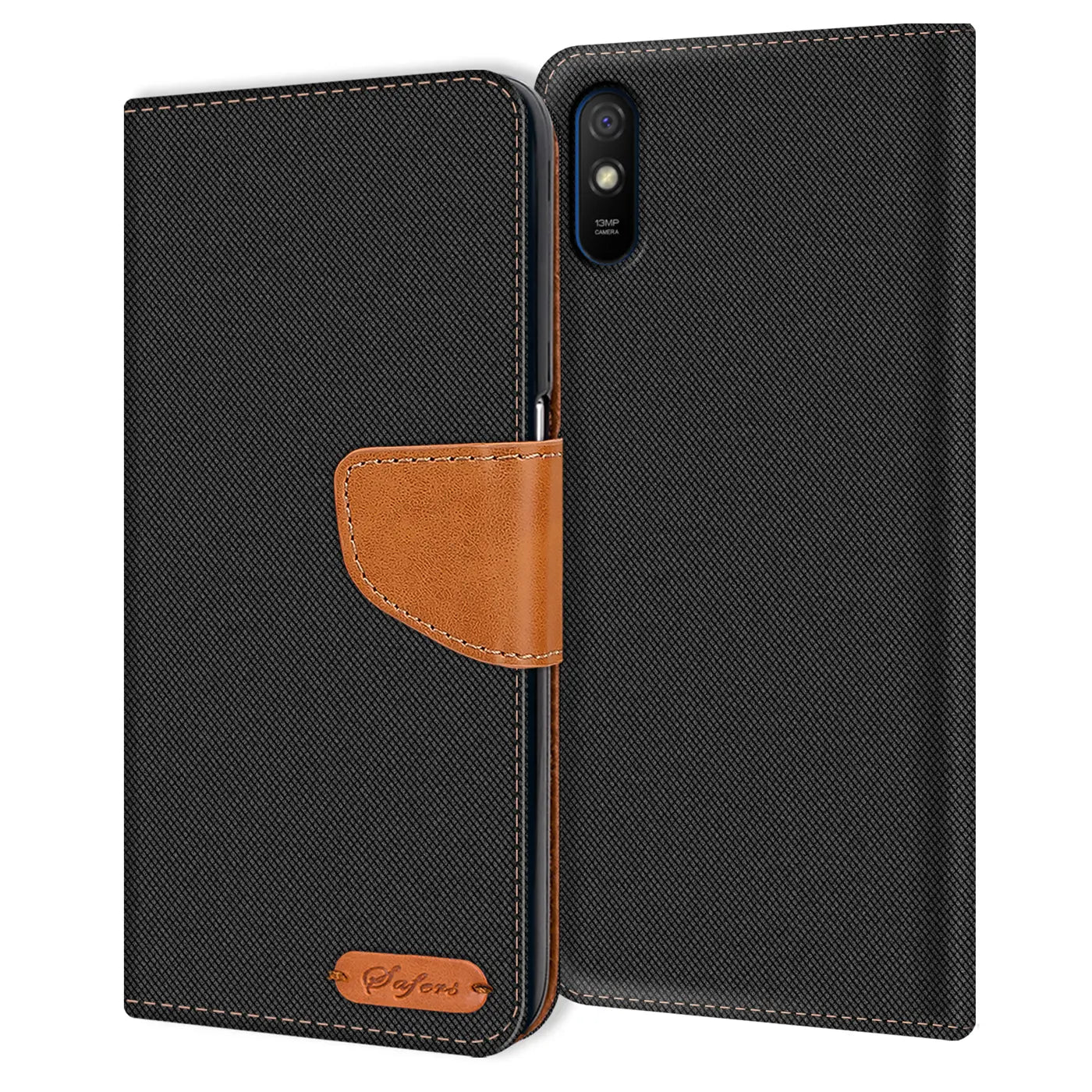 Schwarze Textil-Klapphülle mit braunem Lederakzent, Xiaomi Redmi 9A sichtbar, von vorne.