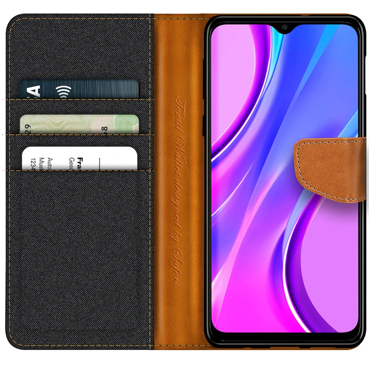 Textil-Klapphülle in Schwarz/Braun mit Kartenfach, zeigt Xiaomi Redmi 9A, von vorne