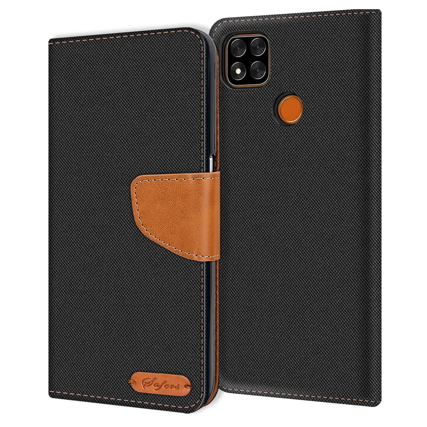 Schwarze Textil-Klapphülle mit braunem Lederriemen, Rückseite eines Xiaomi Redmi 9C sichtbar.