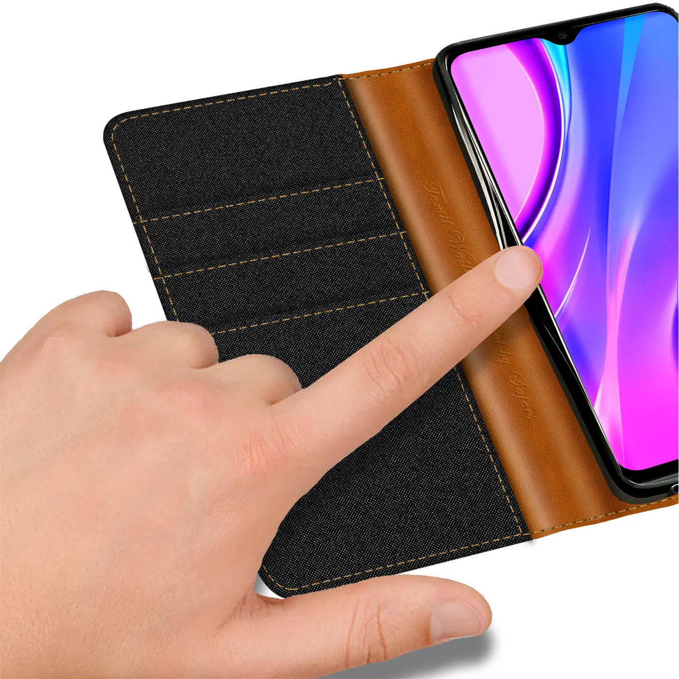 Textil-Klapphülle, schwarz/braun, mit Kartenfach, Xiaomi Redmi 9C von rechts