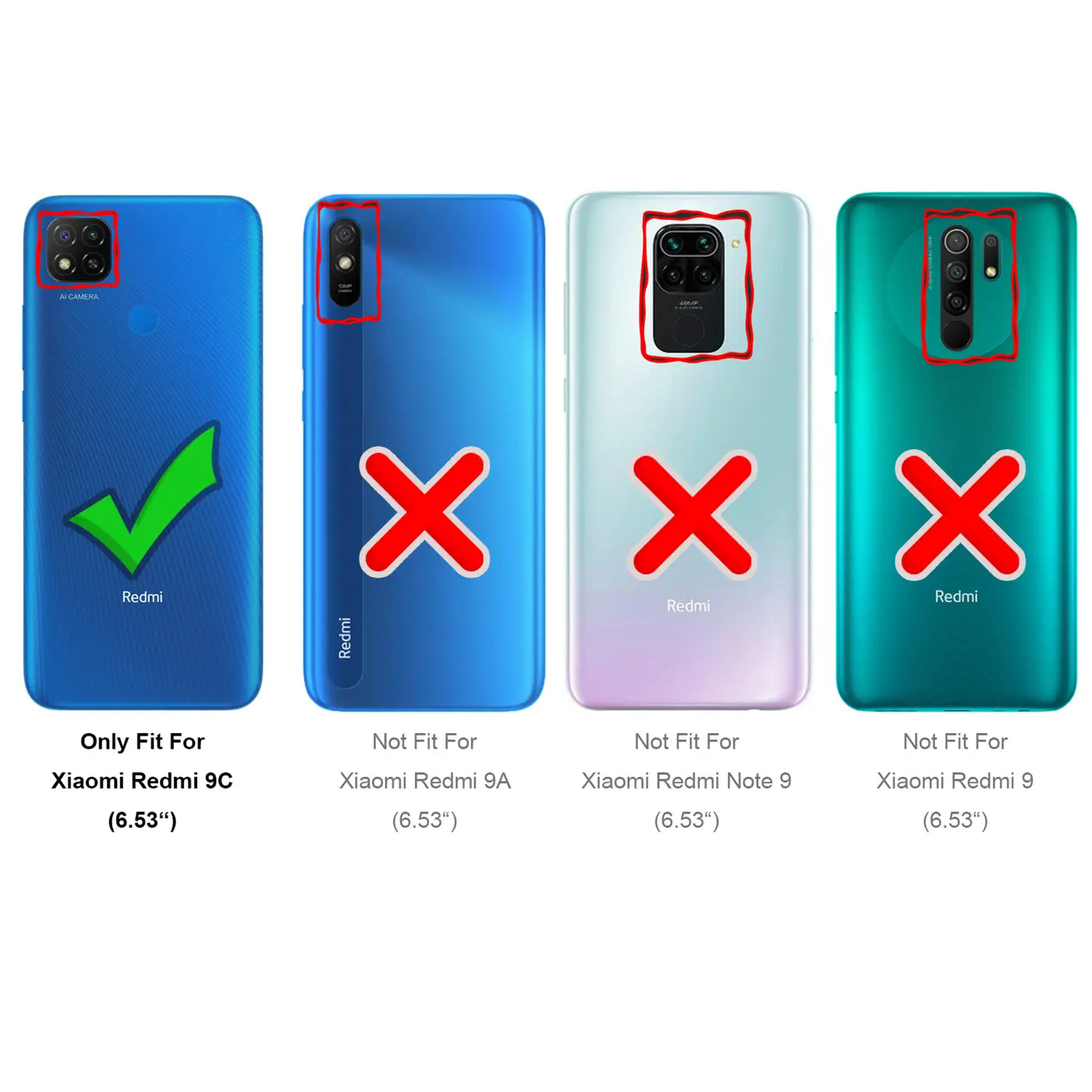 Blaue Rückseite eines Xiaomi Redmi 9C mit grünem Haken. Andere Handys mit roten Kreuzen.