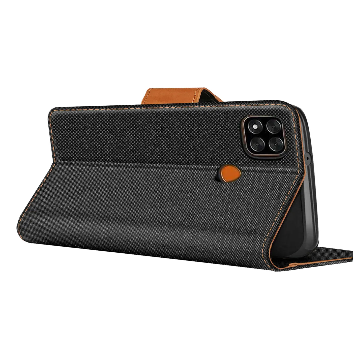 Textil-Klapphülle, schwarz/braun, mit Kartenfach, für Xiaomi Redmi 9C, Seitenansicht