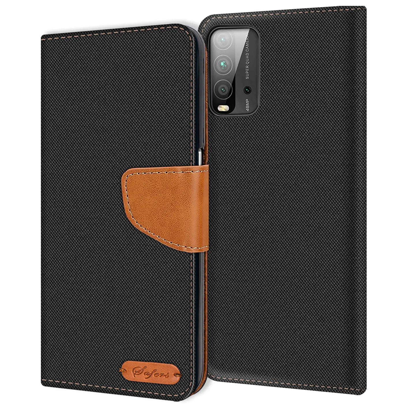 Schwarze Textil-Klapphülle mit braunem Lederakzent, Xiaomi Redmi 9T sichtbar, von vorne