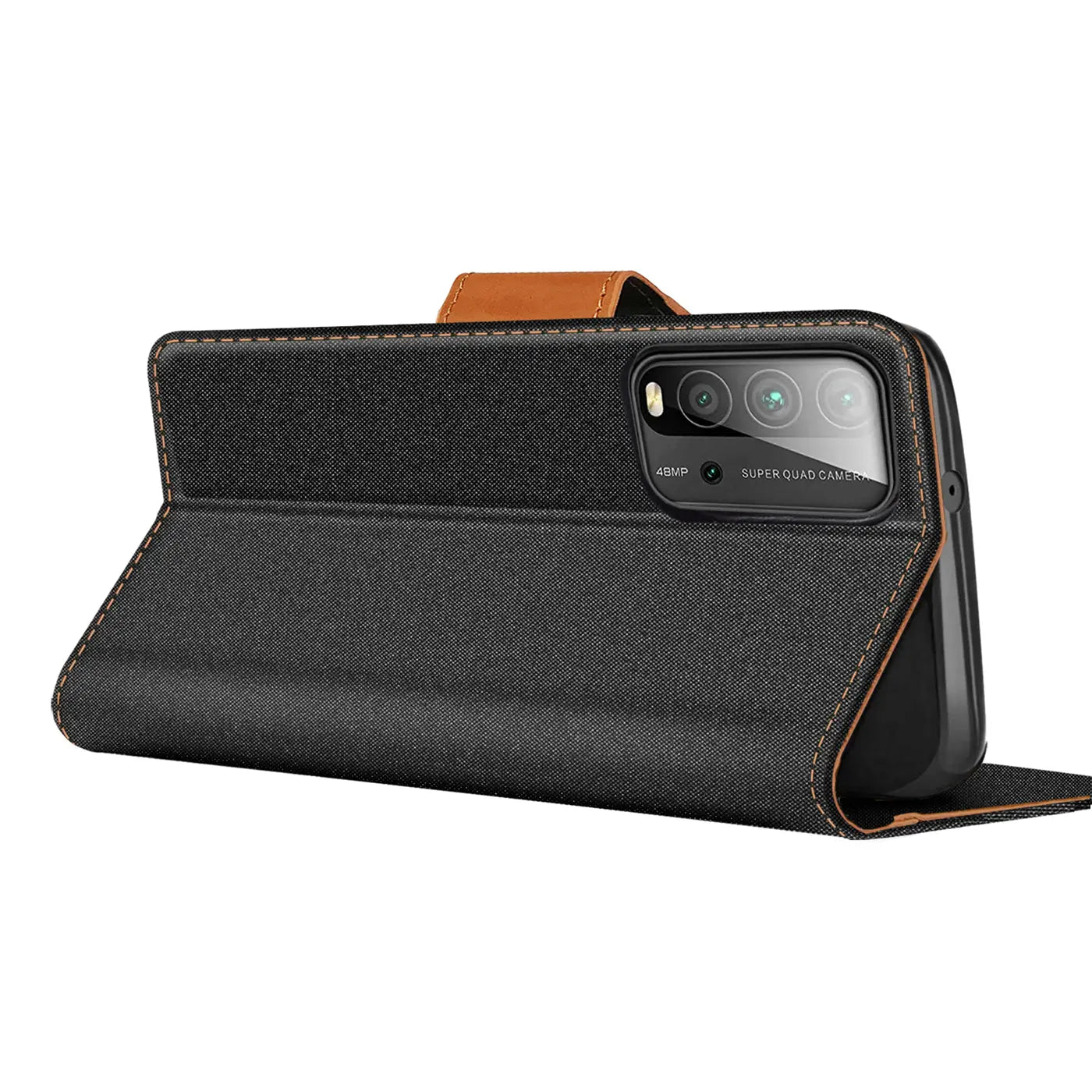 Schwarze Textil-Klapphülle mit braunen Akzenten, zeigt Rückseite Xiaomi Redmi 9T.