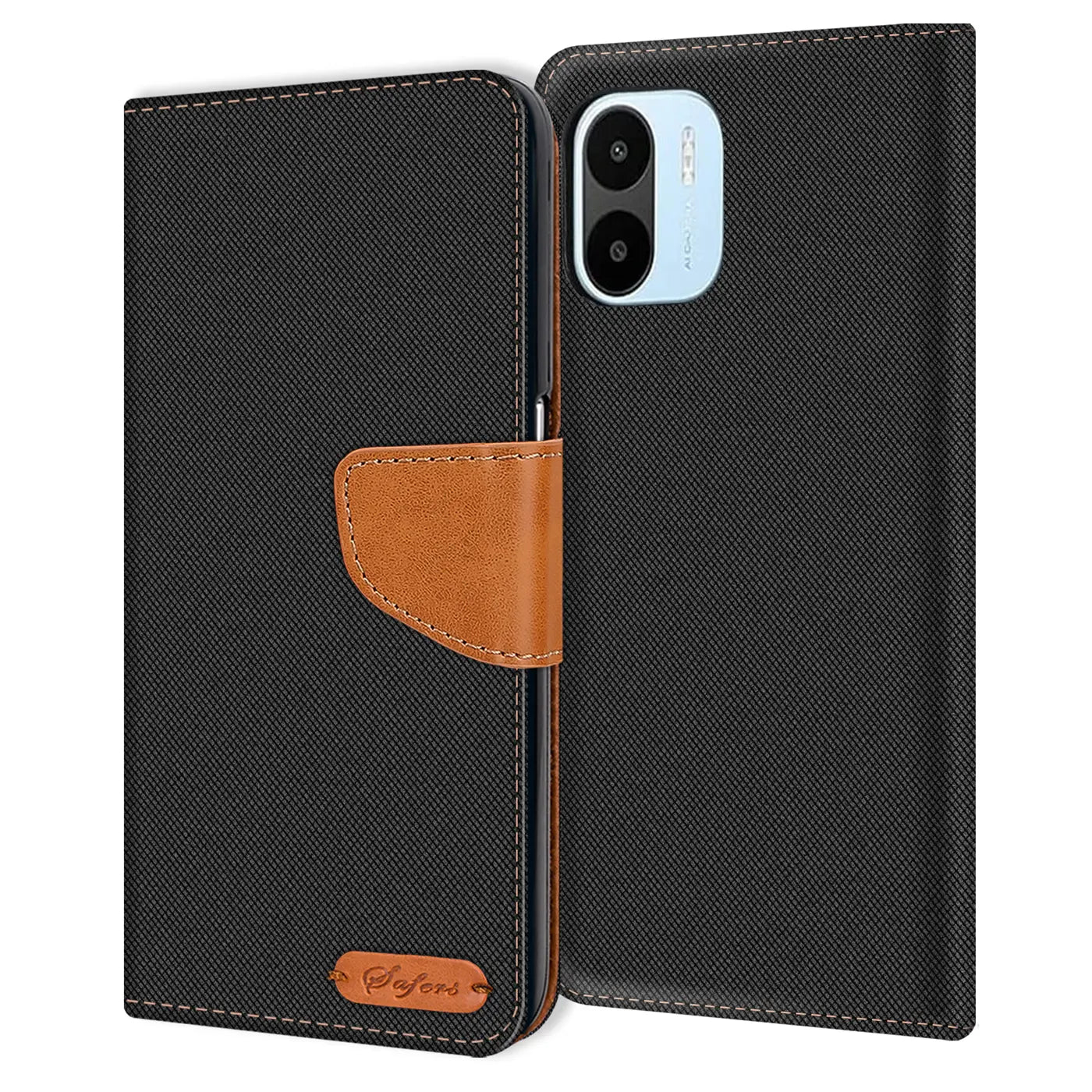 Schwarze Textil-Klapphülle mit braunem Lederriemen, zeigt Rückseite eines Xiaomi Redmi A1.