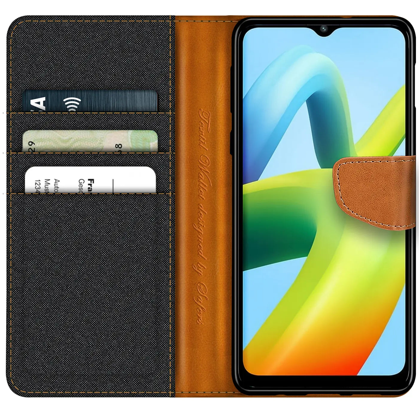 Xiaomi Redmi A1 Klapphülle, Textil/Leder, Kartenfach, Vorderansicht