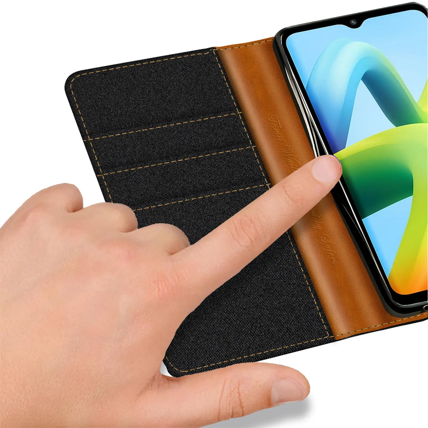 Xiaomi Redmi A1 Klapphülle, Textil/Leder, von vorne, mit Kartenfach