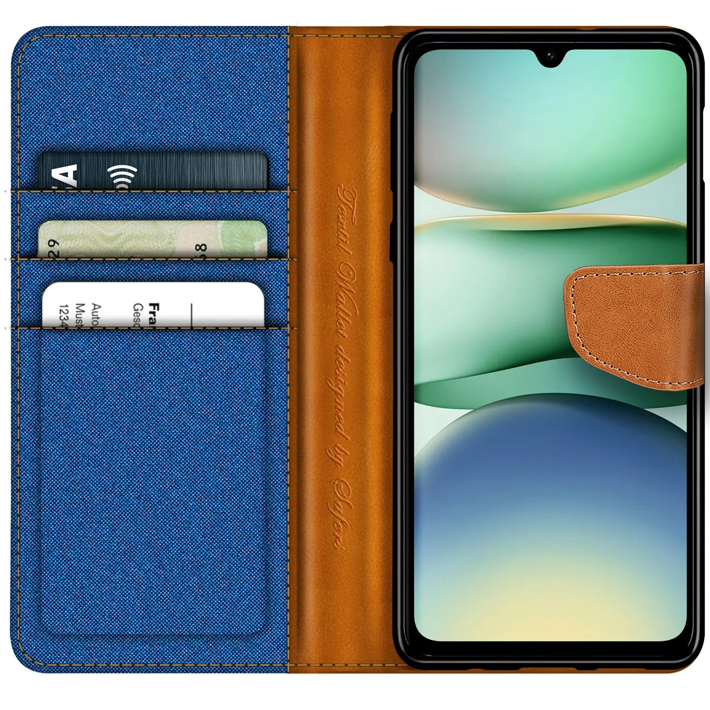 Blaue Textil-Klapphülle mit braunen Lederdetails, Kartenfächer, Xiaomi Redmi A5.