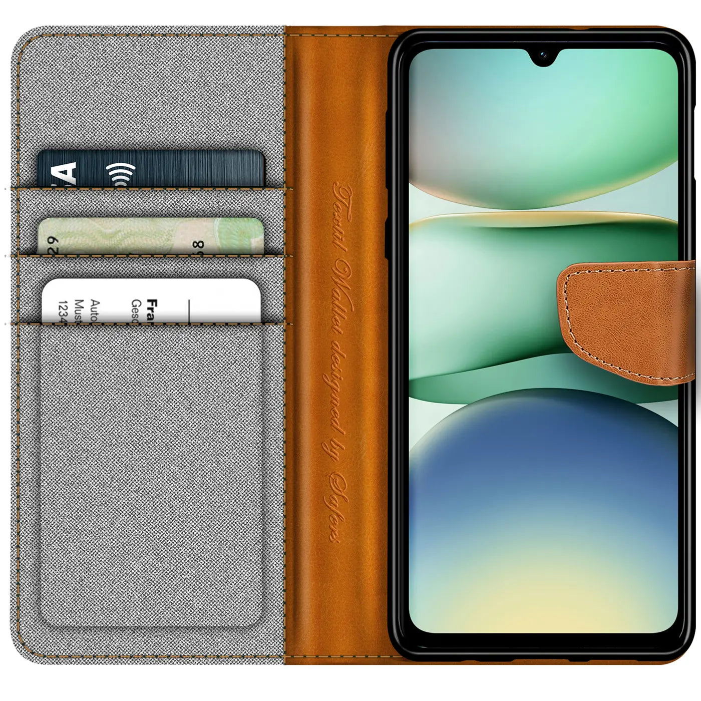 Graue Textil-Klapphülle mit braunen Lederdetails, Kartenfächer, Xiaomi Redmi A5.