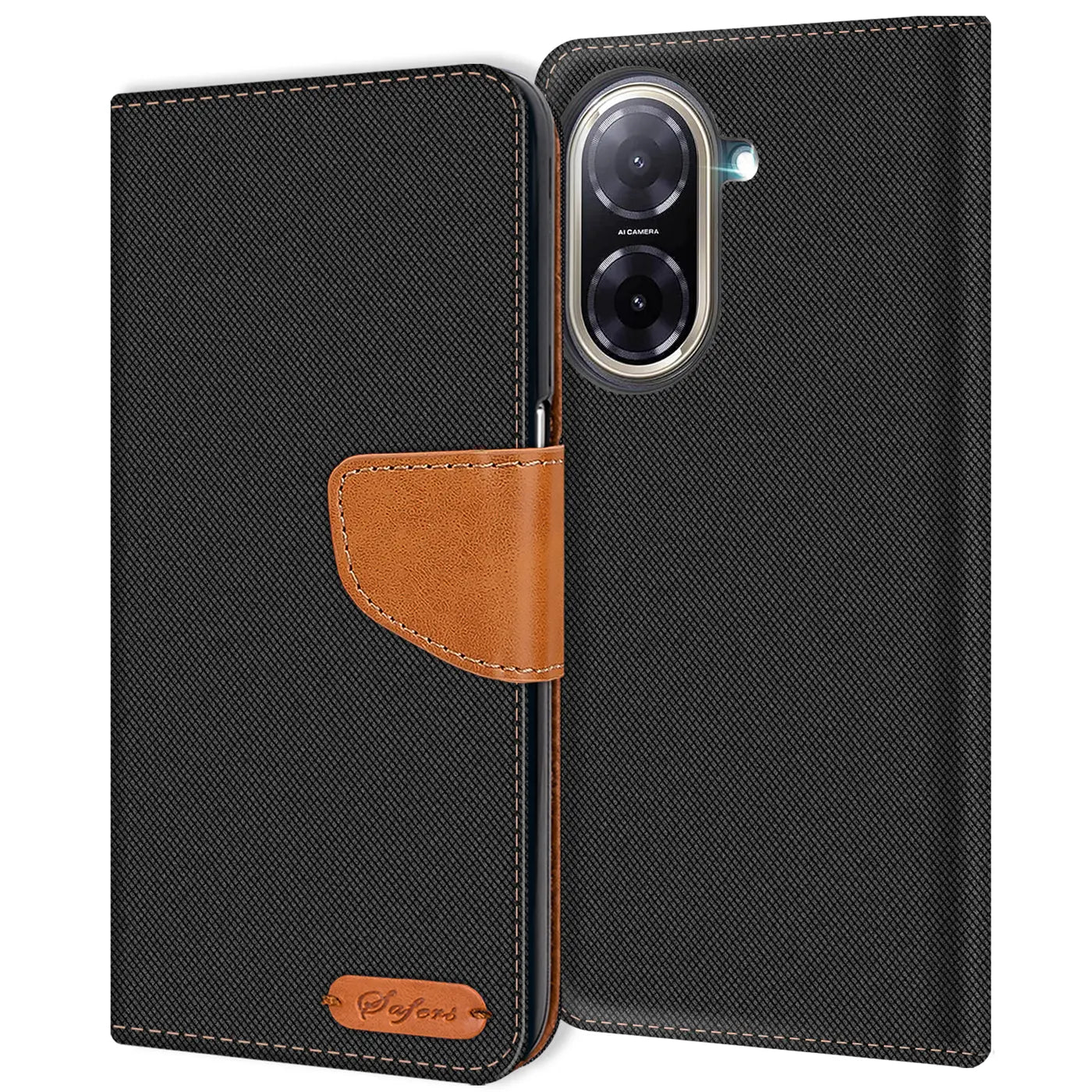 Schwarze Textil-Klapphülle mit braunem Lederakzent, offen, zeigt Smartphone-Kamera.