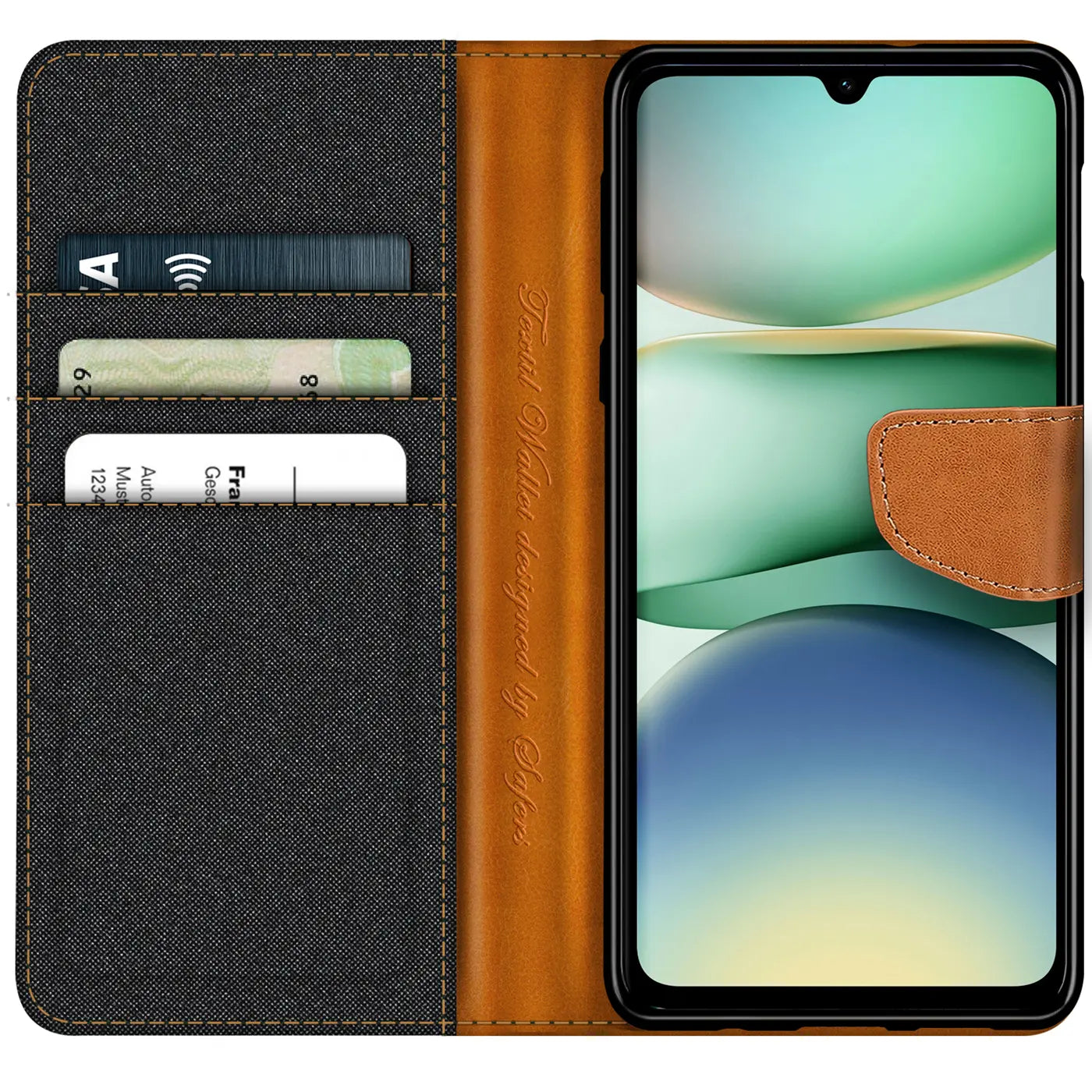 Textil-Klapphülle mit Kartenfach, braun/grau, für Xiaomi Redmi A5, von vorne