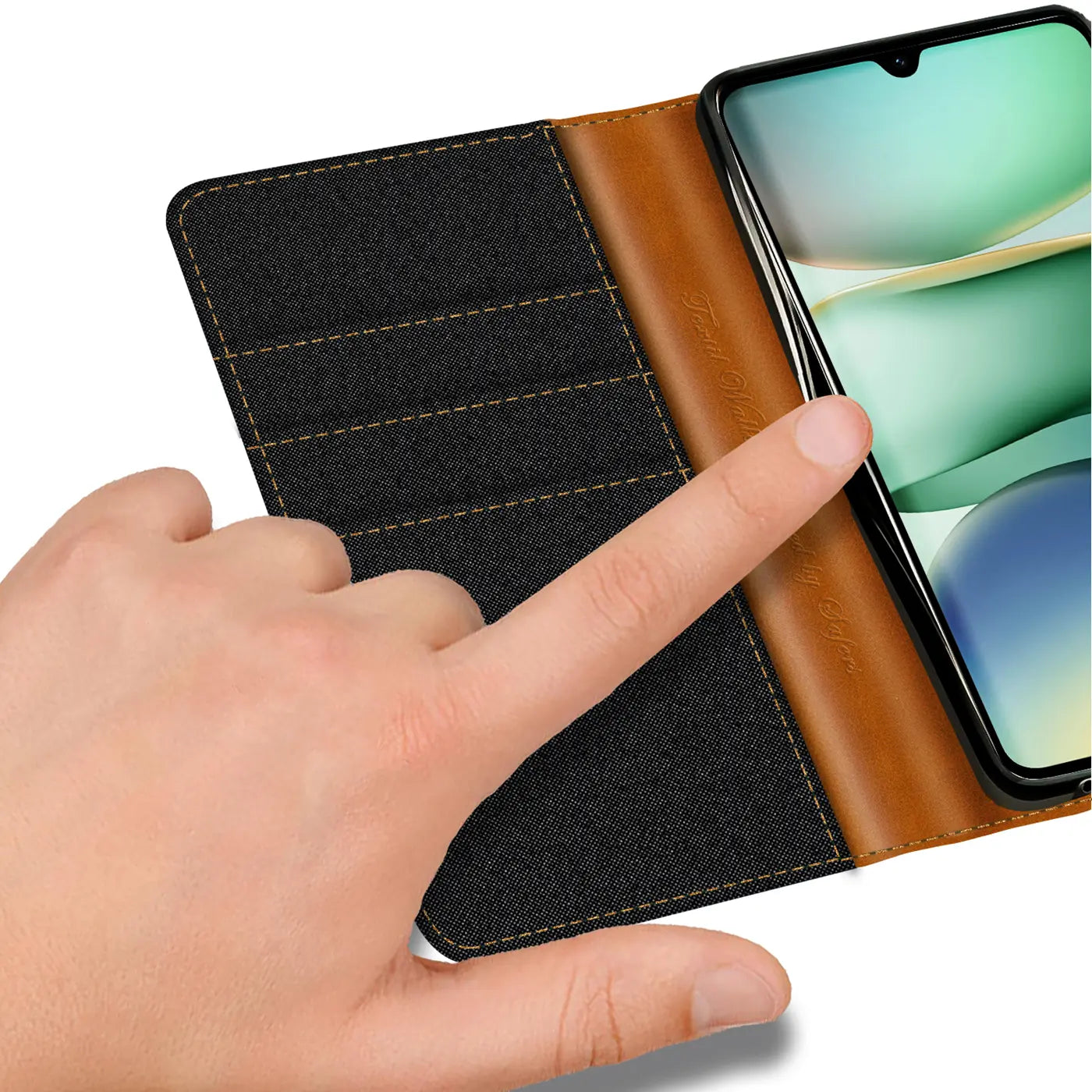 Textil-Klapphülle in Schwarz/Braun mit Kartenfächern, zeigt Xiaomi Redmi A5.
