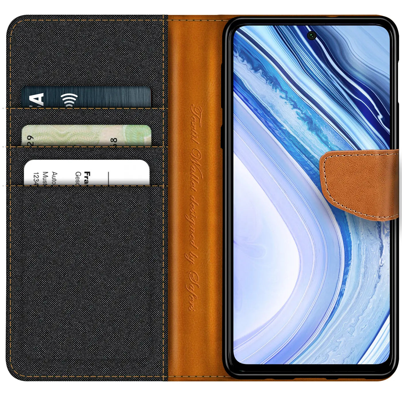 Braun/Schwarz Textil-Klapphülle mit Kartenfach für Xiaomi Redmi Note 10 Pro.