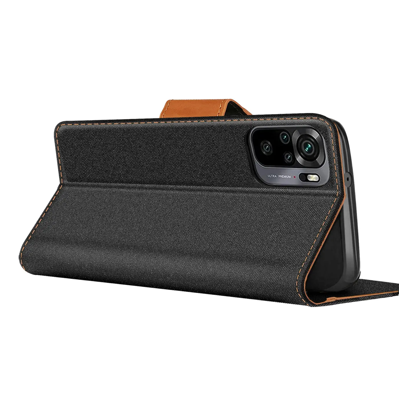 Schwarze Textil-Klapphülle mit braunen Akzenten, Seitenansicht, zeigt Kamera von Xiaomi Redmi Note 10 / 10S.