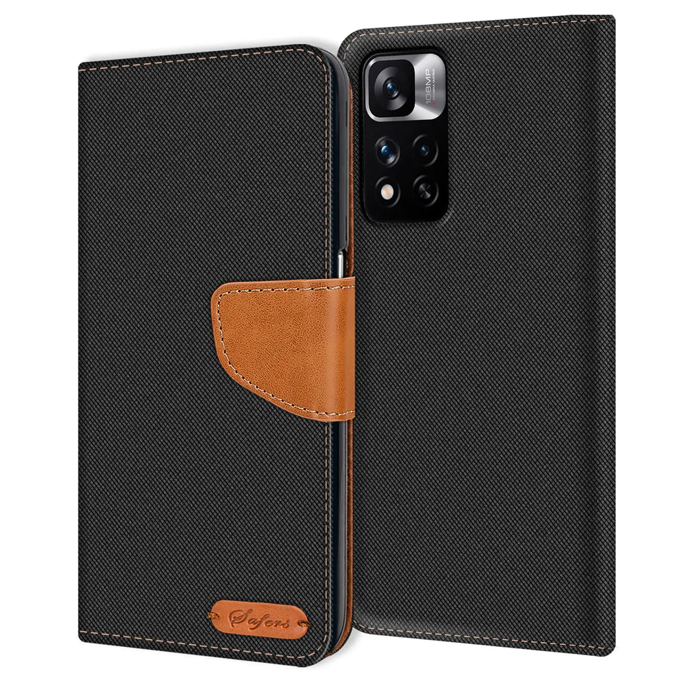 Schwarze Textil-Klapphülle mit braunem Lederriemen, Vorderansicht, für Xiaomi Redmi Note 11 Pro+ 5G.