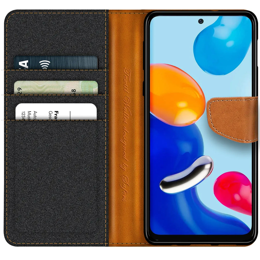 Textil-Klapphülle in Schwarz/Braun mit Kartenfächern für Xiaomi Redmi Note 11 Pro+ 5G.