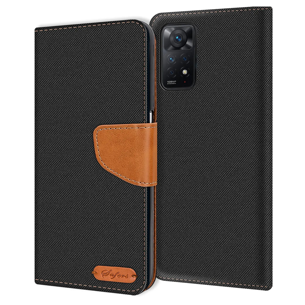 Schwarze Textil-Klapphülle mit braunem Lederriemen, Xiaomi Redmi Note 11 Pro 5G.