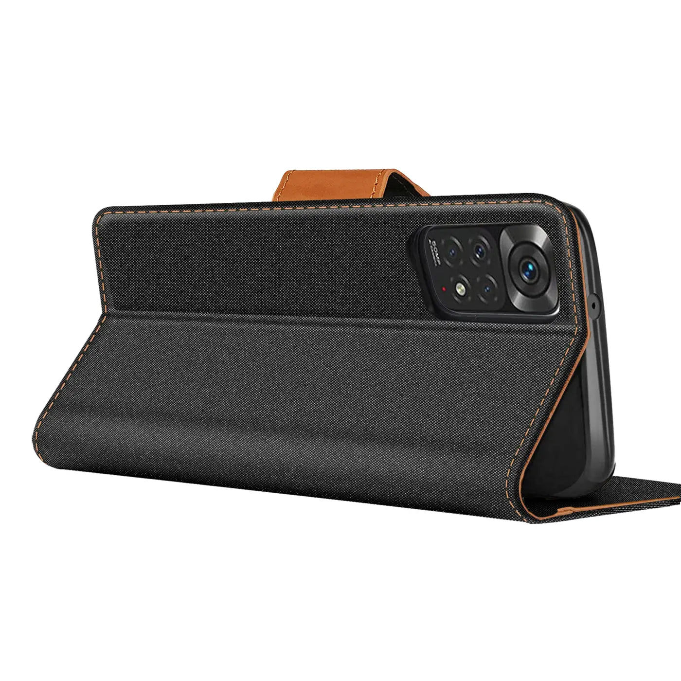 Schwarze Textil-Klapphülle mit braunem Akzent, seitliche Ansicht, zeigt Xiaomi Redmi Note 11 / 11s.