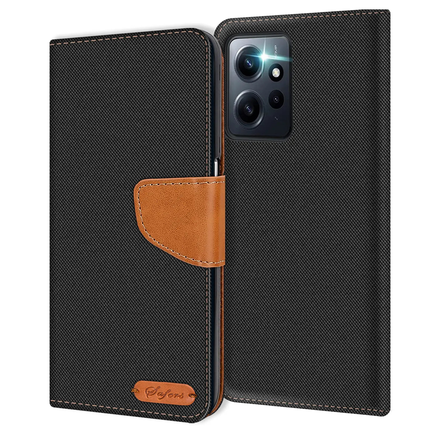 Schwarze Textil-Klapphülle mit braunem Lederakzent, offen, zeigt Rückseite eines Smartphones.