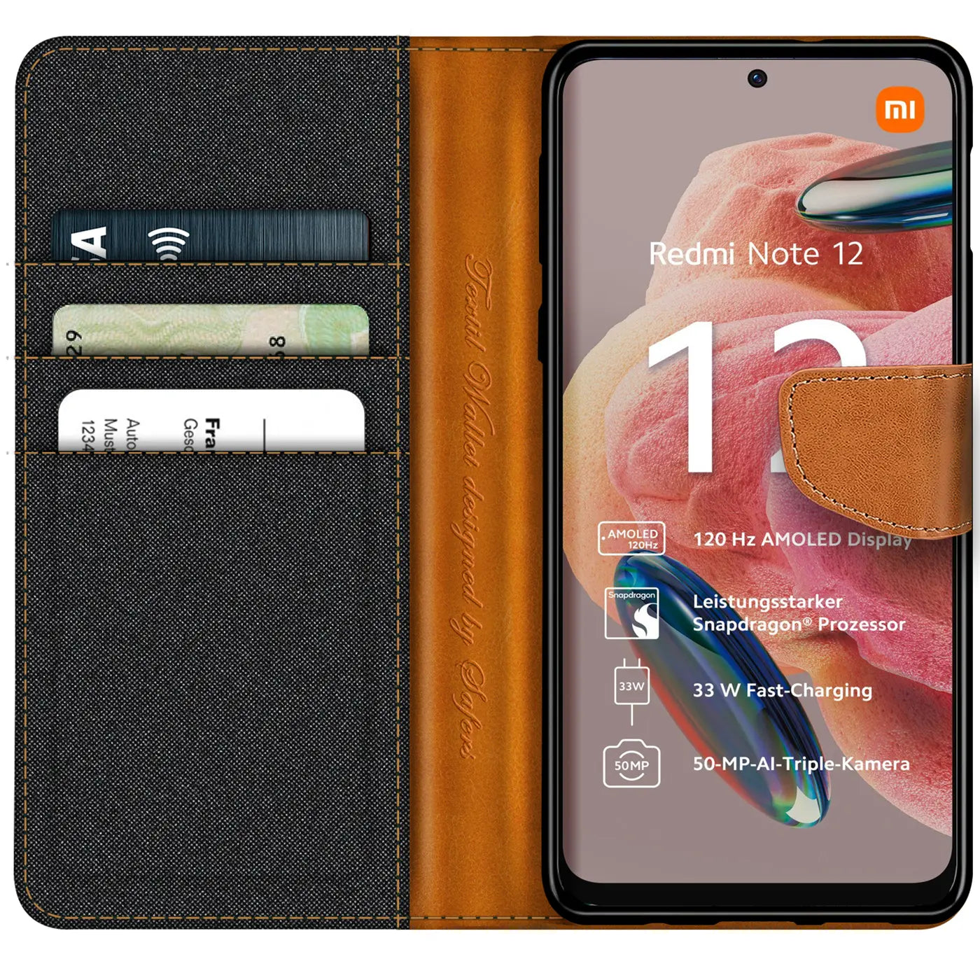 Textil-Klapphülle in Schwarz/Braun mit Kartenfächern, zeigt Xiaomi Redmi Note 12 4G.