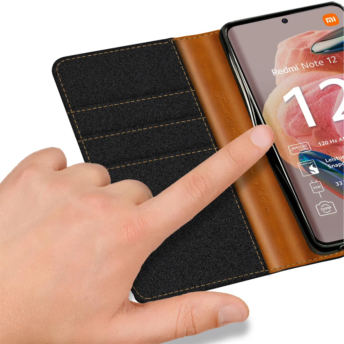 Textil-Klapphülle, schwarz/braun, mit Kartenfach, Xiaomi Redmi Note 12 4G.