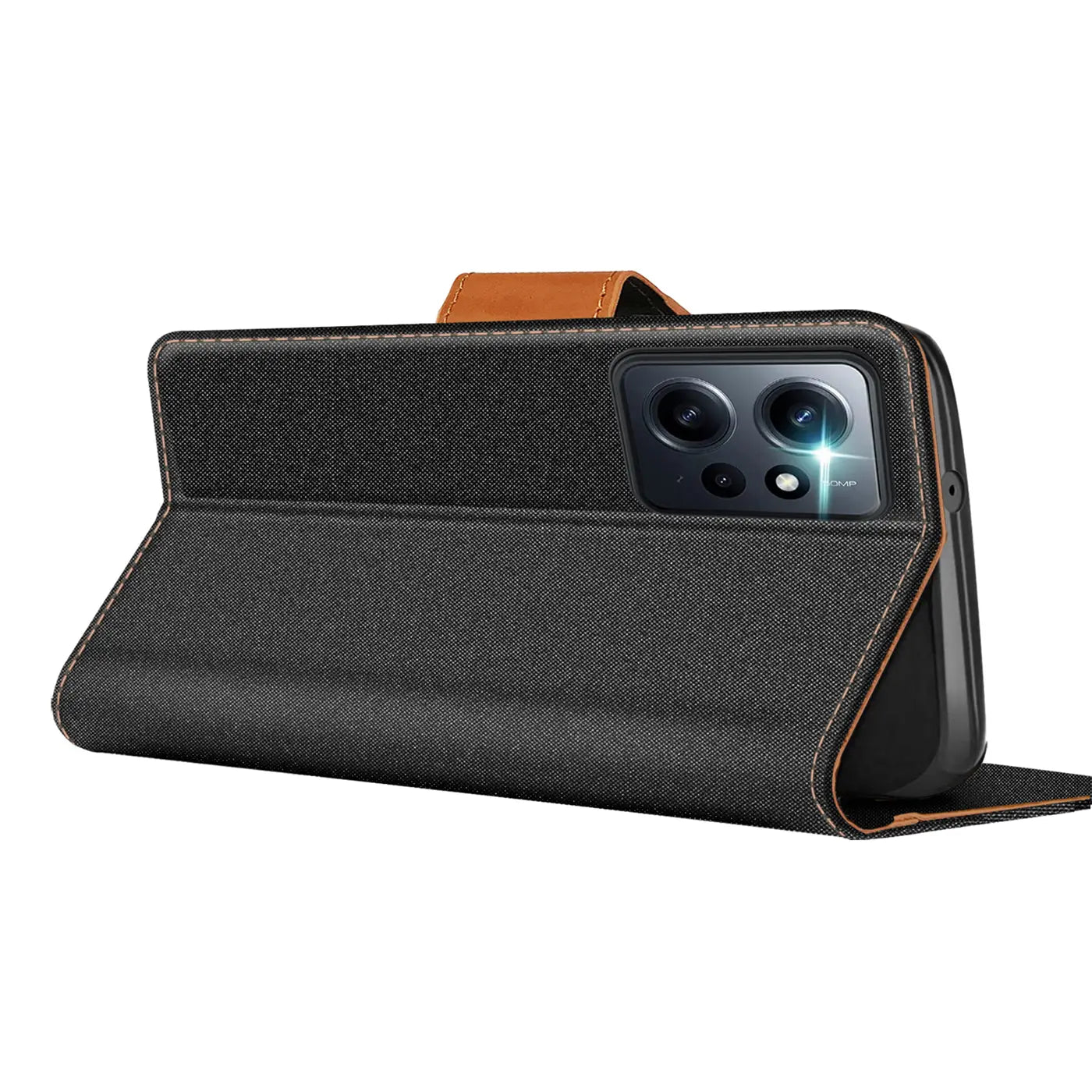 Schwarze Textil-Klapphülle mit braunem Lederakzent, seitliche Ansicht, zeigt Xiaomi Redmi Note 12 4G.
