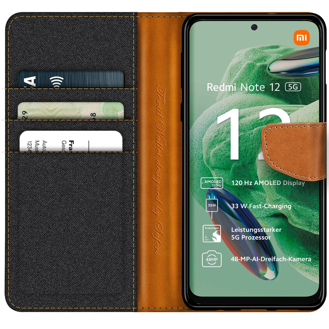Textil-Klapphülle, braun/schwarz, mit Kartenfach, zeigt Xiaomi Redmi Note 12 5G
