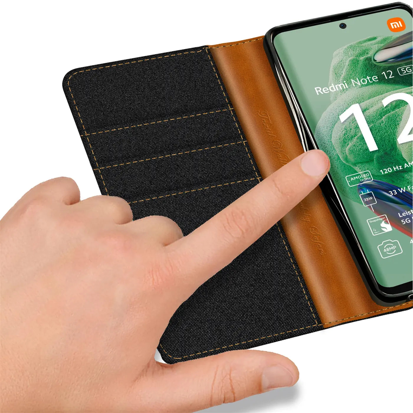 Textil-Klapphülle, schwarz/braun, mit Xiaomi Redmi Note 12 5G, von oben