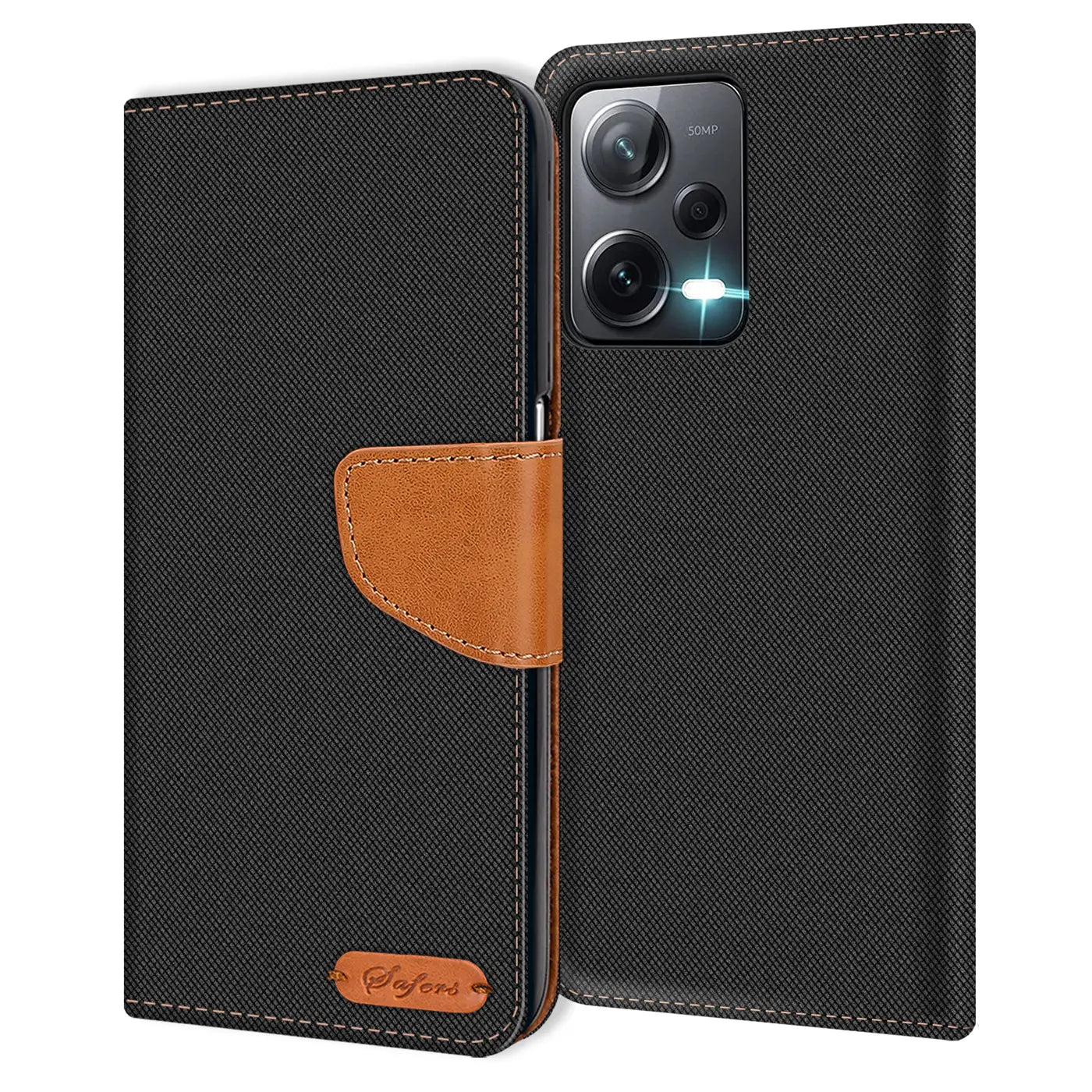 Schwarze Textil-Klapphülle mit braunem Lederakzent, Xiaomi Redmi Note 12 Pro 5G sichtbar.