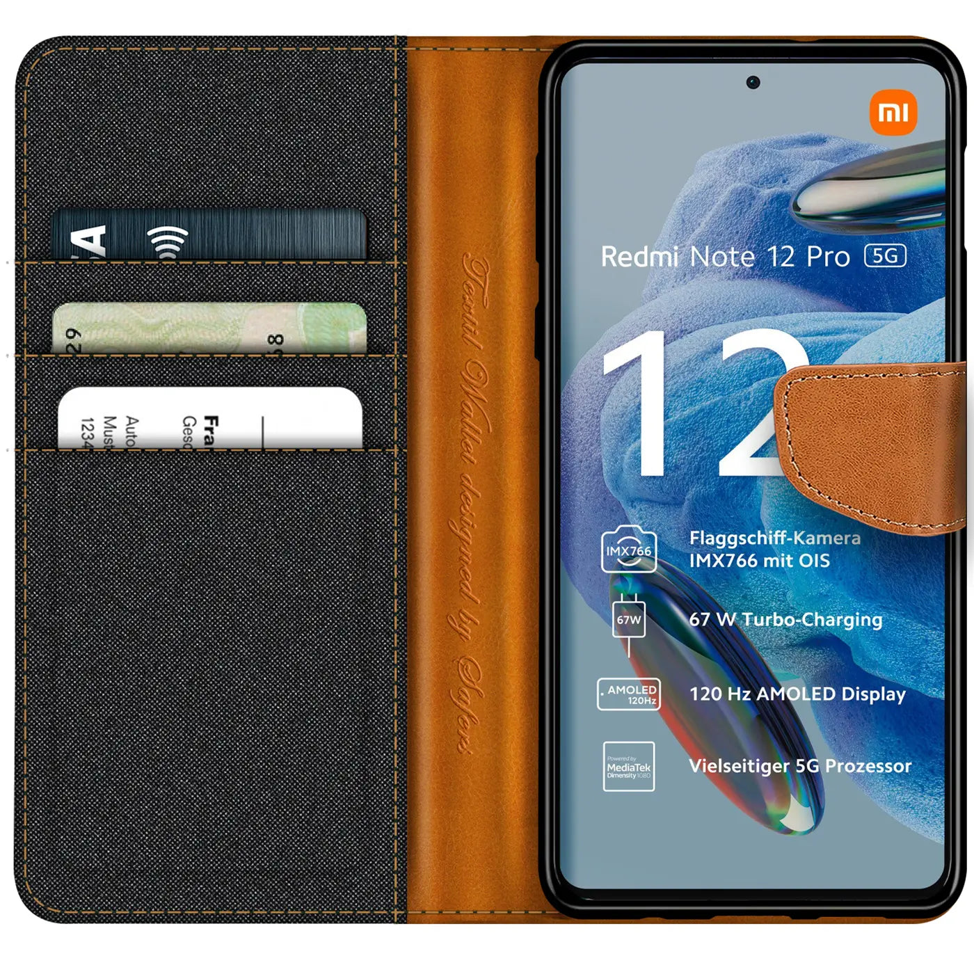 Textil-Klapphülle in Schwarz/Braun mit Kartenfach für Xiaomi Redmi Note 12 Pro 5G.
