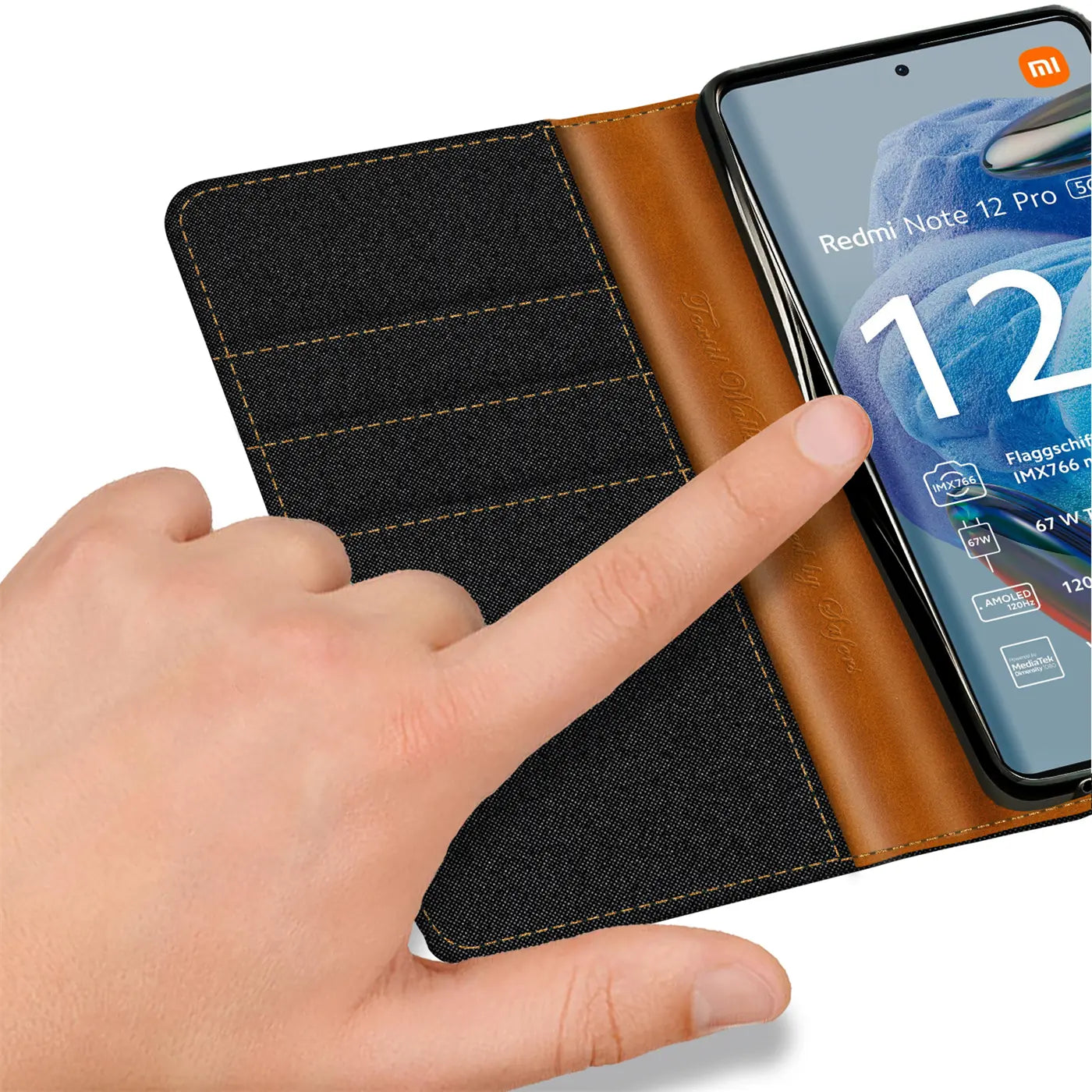Textil-Klapphülle, schwarz/braun, mit Kartenfach, zeigt Xiaomi Redmi Note 12 Pro 5G.